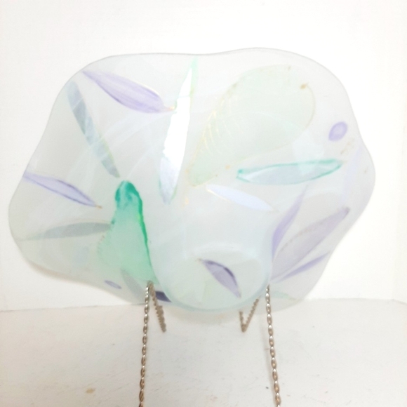 Handpainted Satin Abstract Glass Art Consle Bowl with Green and Purple Accents - Picture 4 of 6